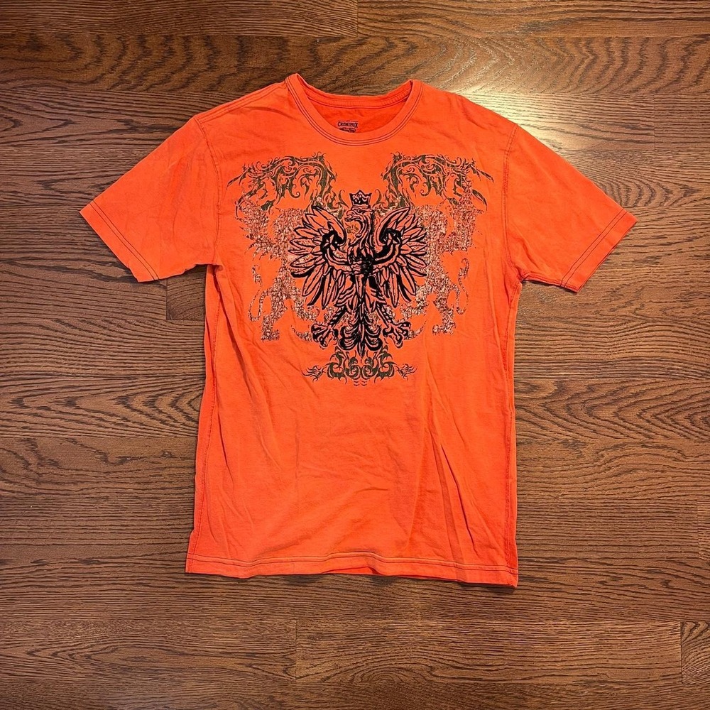 y2k men's orange cyber bird graphic t shirt small